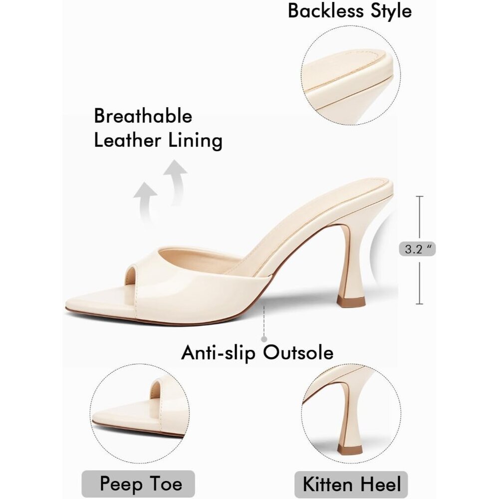 Women's Beige Heeled Mules Pointed Peep Toe High Heels Slip On Backless Mule - Picture 5 of 5